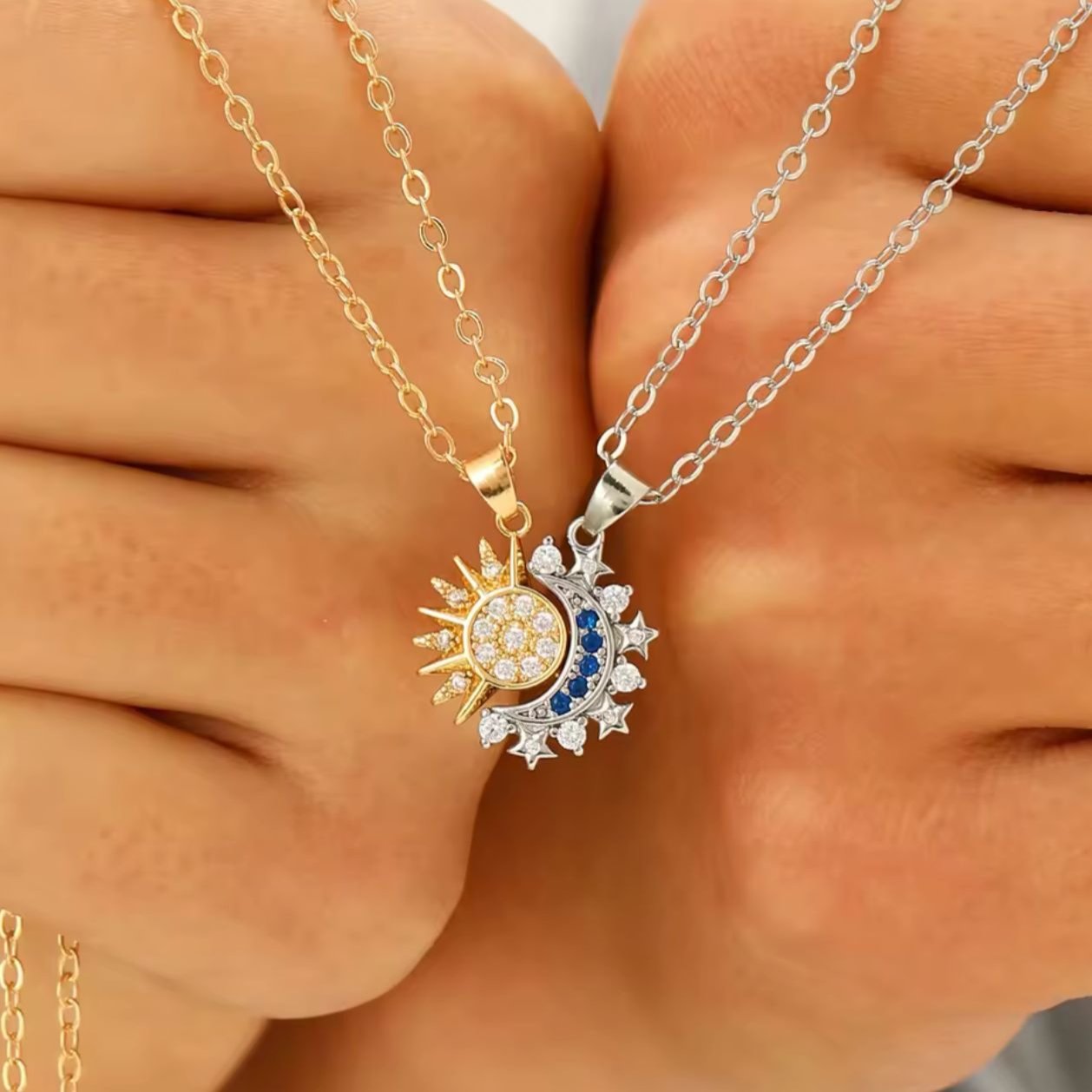 Sun & Moon Couple Necklace Set - Gold & Silver Crystal Pendant Necklaces for Couples, Best Friends, Matching Jewelry Gift